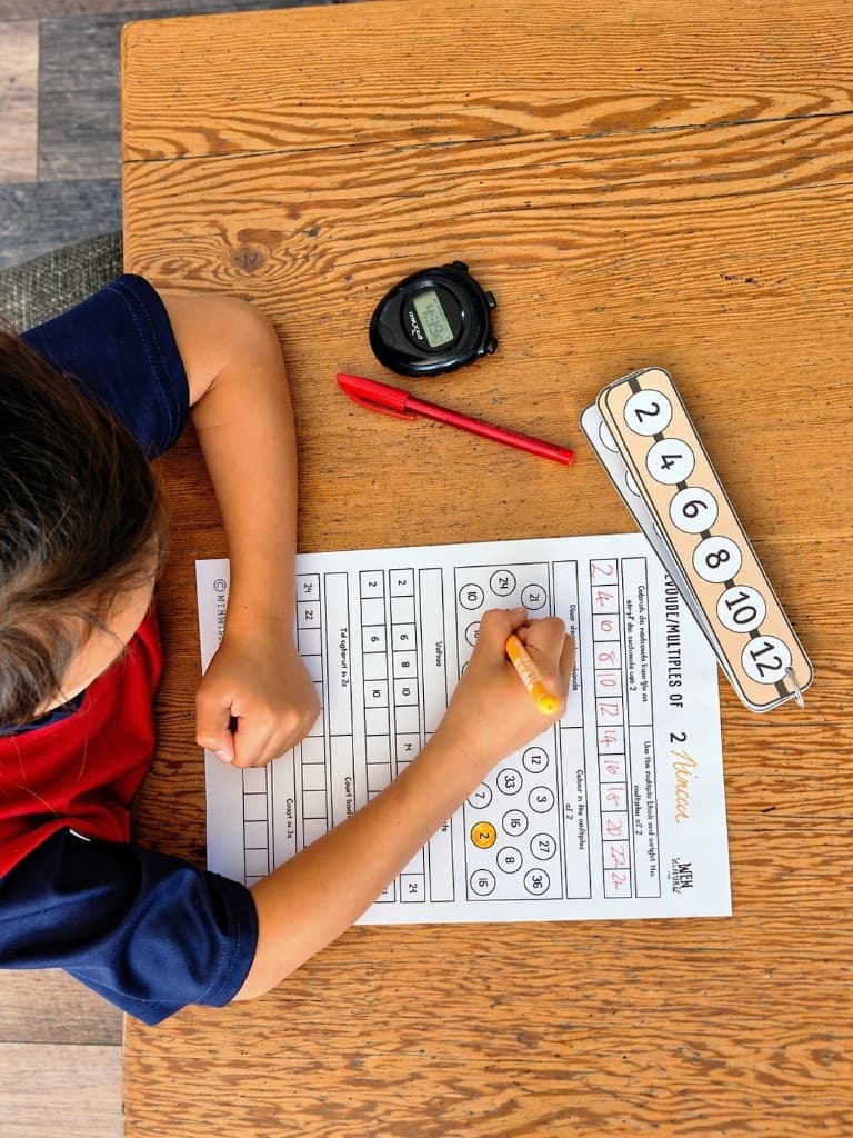 Learner timing themselves while working through a multiples worksheet