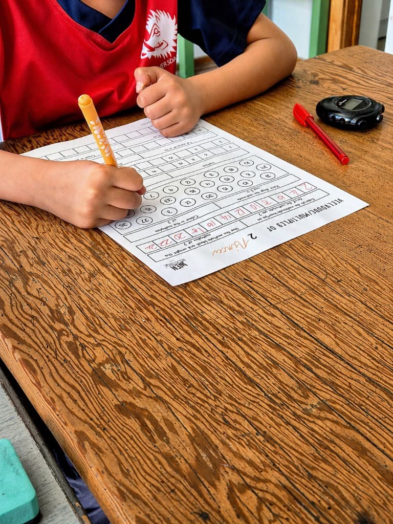 Learner marking a multiples worksheet with timers and stationery on the desk